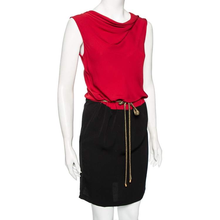 Pre Owned Diane von Furstenberg Red-Black Silk Draped Crista Dress S