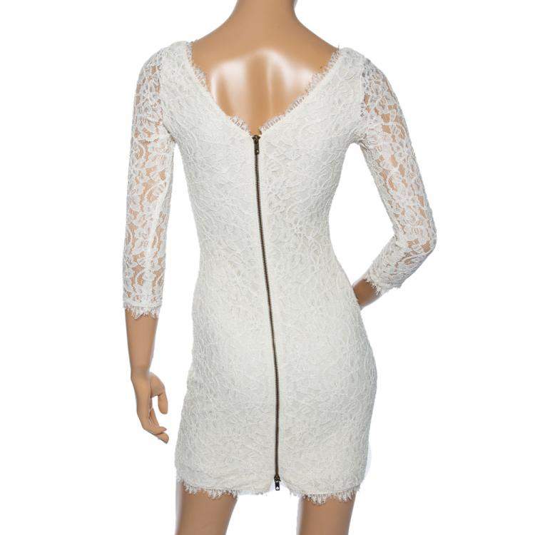 Pre Owned Diane von Furstenberg Off-White Floral Lace Zarita Sheath Dress S