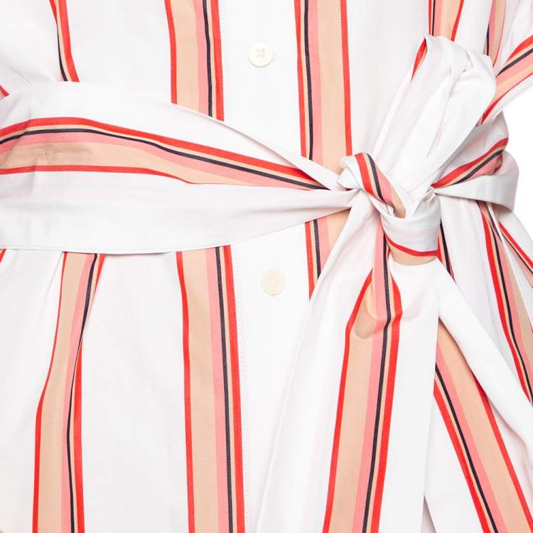 Pre Owned Diane von Furstenberg  White Striped Cotton Belted Oversized Shirt Dress XS