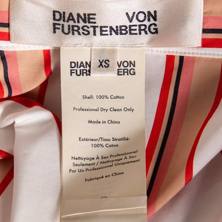Pre Owned Diane von Furstenberg  White Striped Cotton Belted Oversized Shirt Dress XS