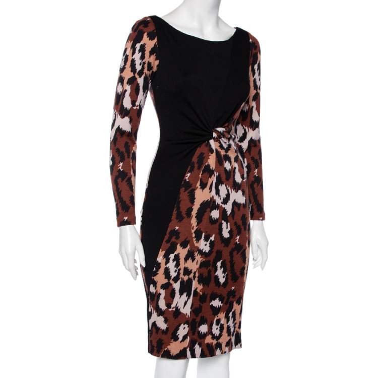 Pre Owned Diane von Furstenberg Black & Brown Leopard Printed Wool Masankay Dress S