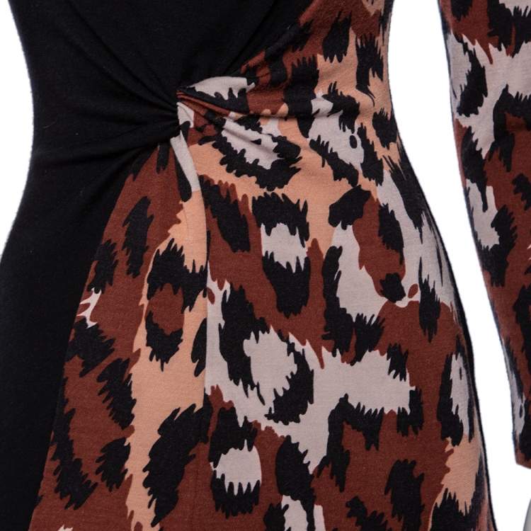 Pre Owned Diane von Furstenberg Black & Brown Leopard Printed Wool Masankay Dress S