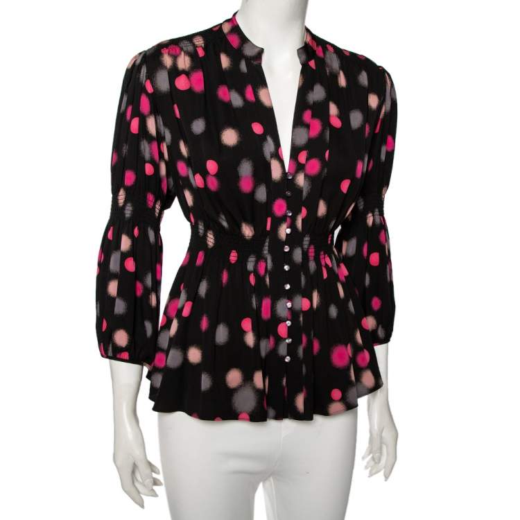 Pre Owned Diane von Furstenberg Black Polka Doted Silk Zazu Blouse S
