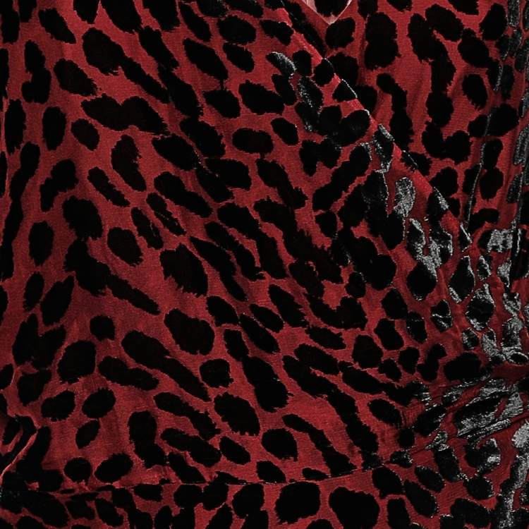 Pre Owned Diane von Furstenberg Burgundy Leopard Pattern Devore Katherine Wrap Dress L