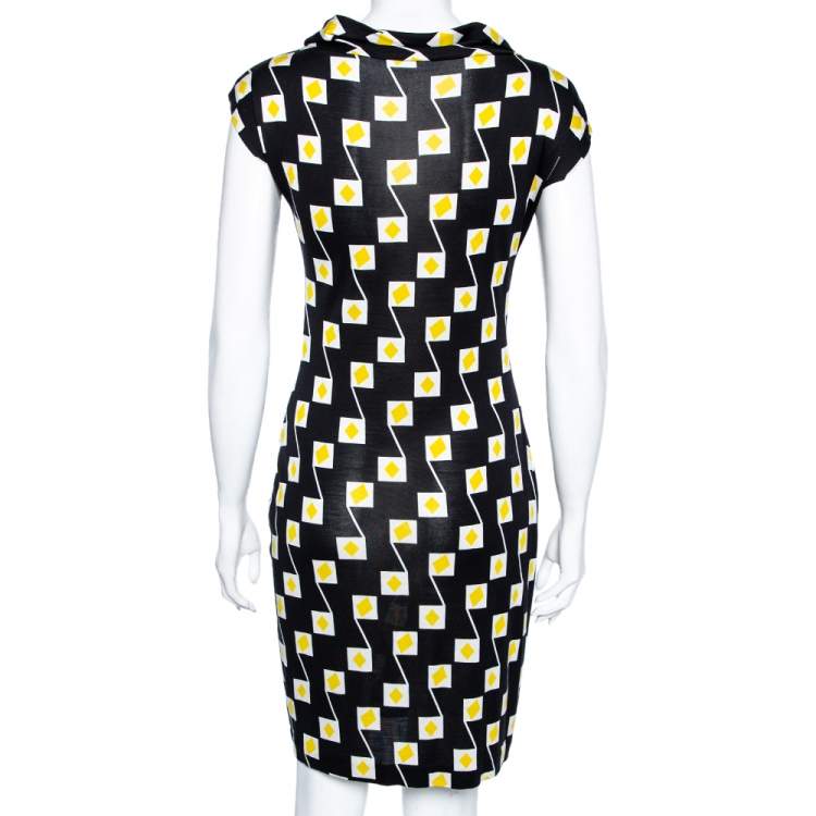 مملوكة مسبقًا Diane von Furstenberg Black Geometric Printed Silk Gathered Detail Dress S