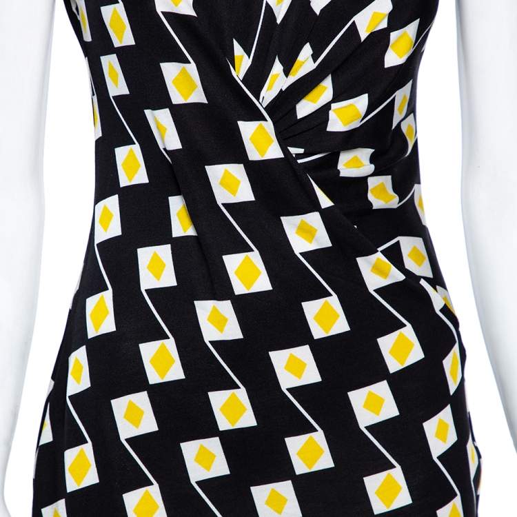 مملوكة مسبقًا Diane von Furstenberg Black Geometric Printed Silk Gathered Detail Dress S