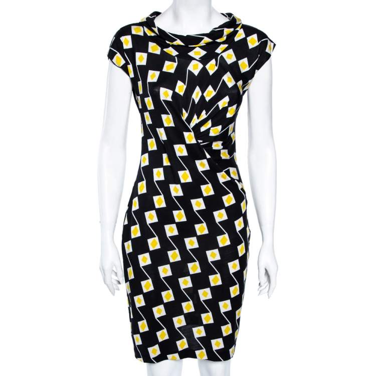 مملوكة مسبقًا Diane von Furstenberg Black Geometric Printed Silk Gathered Detail Dress S