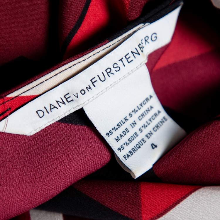 Pre Owned Diane von Furstenberg Burgundy Printed Silk Gathered Dress S