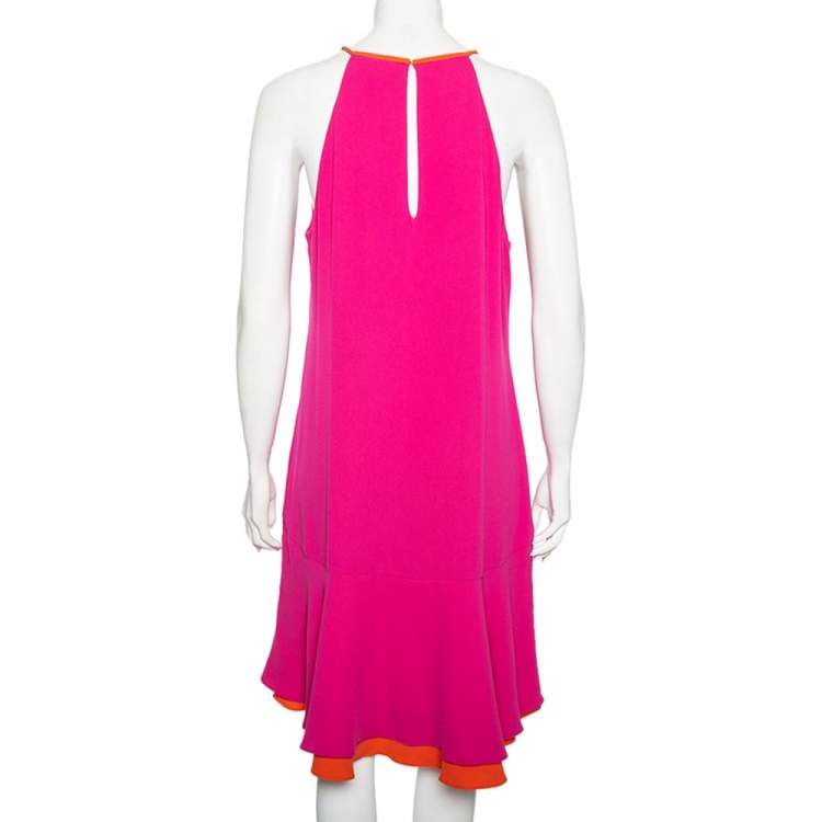 Pre Owned Diane von Furstenberg Pink & Orange Crepe Kera Combo Halter Neck Dress L 