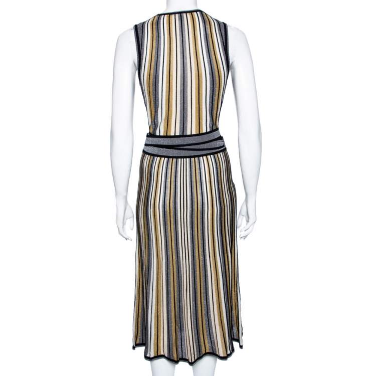 Pre Owned Diane von Furstenberg Multicolored Striped Lurex Knit Cadenza Wrap Dress S