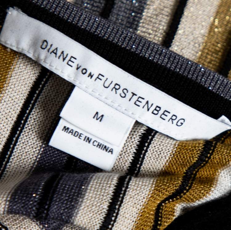 Pre Owned Diane von Furstenberg Multicolored Striped Lurex Knit Cadenza Wrap Dress M