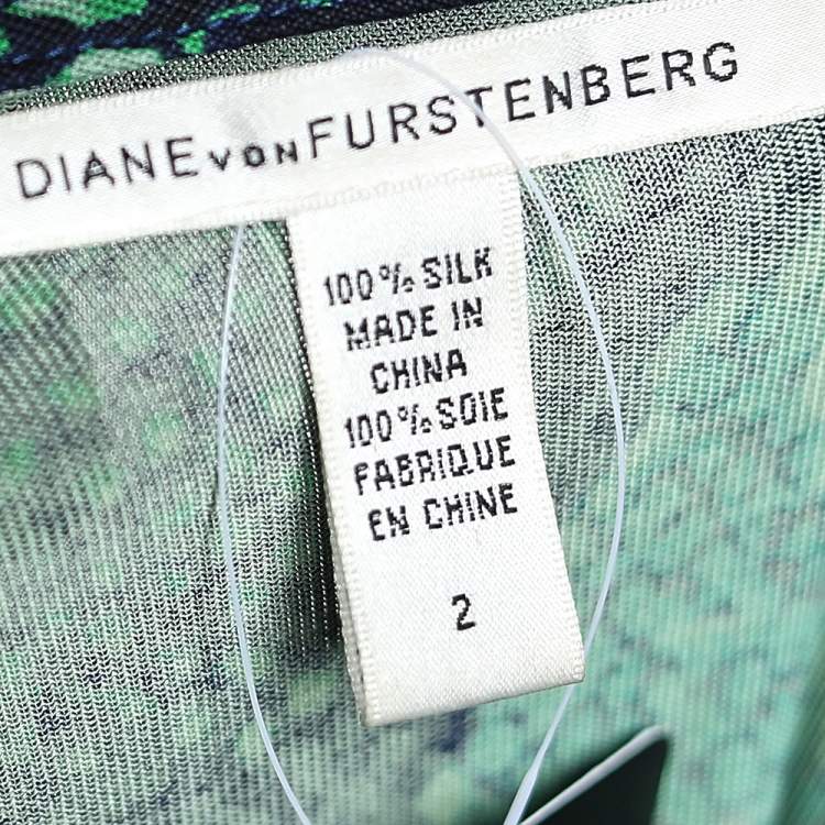 Pre Owned Diane von Furstenberg Green Printed Silk Knee Length Dress S