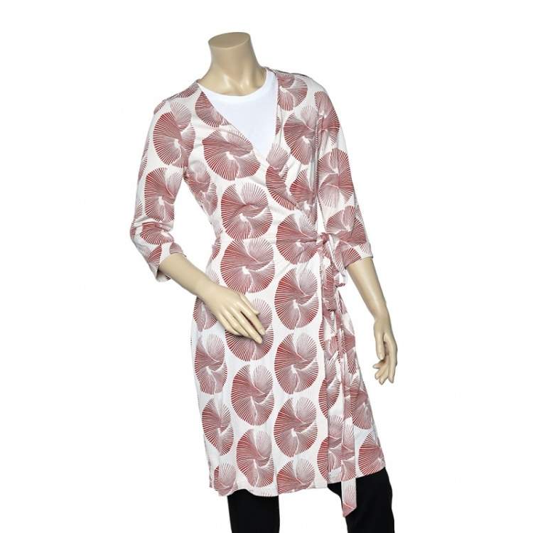 Pre Owned Diane by Diane Von Furstenberg Cream Printed Silk Knit New Julian Wrap Dress L
