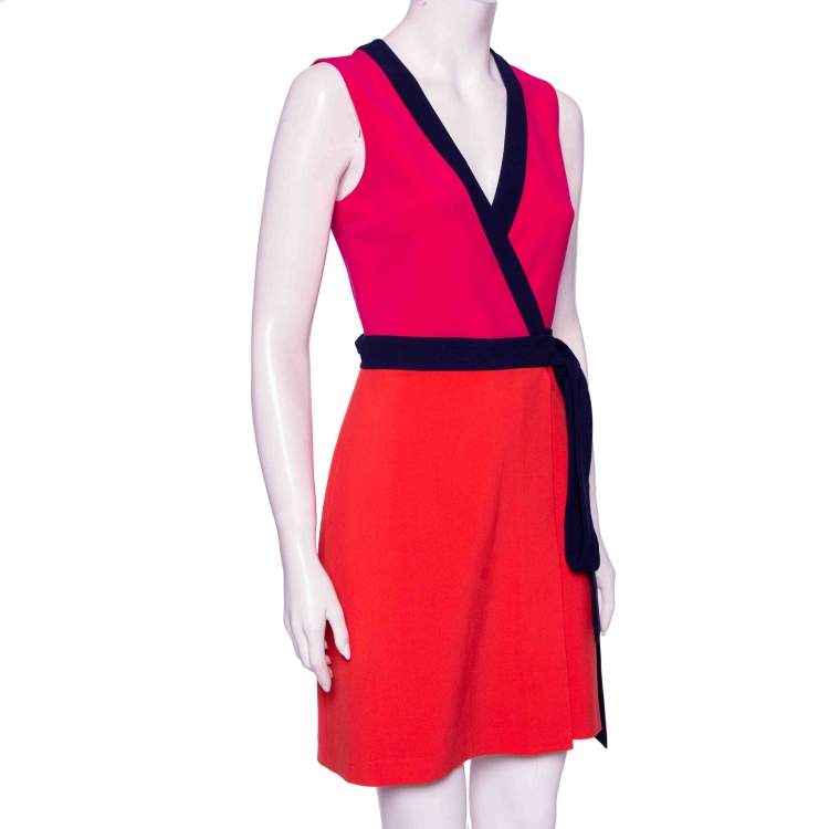 Pre Owned Diane von Furstenberg Orange & Pink Knitted Gracie Wrap Dress S