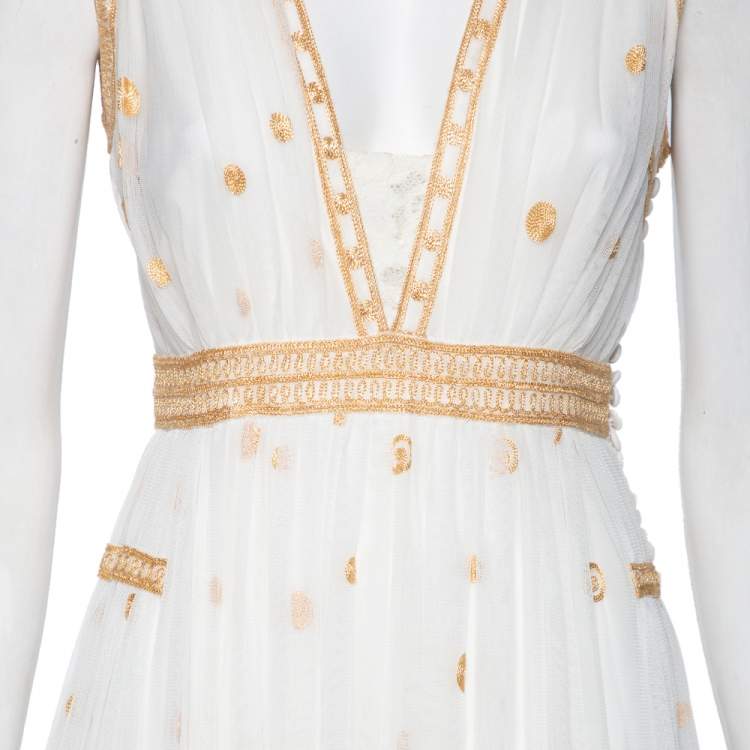 Pre Owned Diane Von Furstenberg Ivory and Gold Embroidered Tulle Vivanette Goddess Gown M