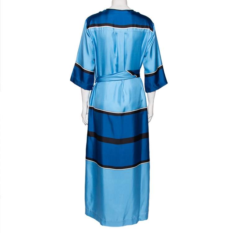 Pre Owned Diane von Furstenberg Blue Scarf Print Silk Belted Maxi Dress M