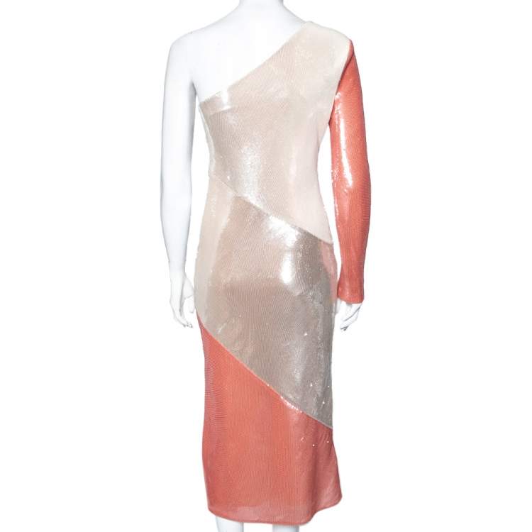 Pre Owned Diane von Furstenberg Colorblock Sequin Embellished Silk One-Shoulder Dress S
