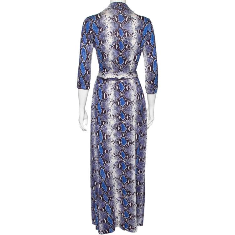 Pre Owned Diane von Furstenberg Blue Python Printed Silk Jersey Abigail Wrap Dress M