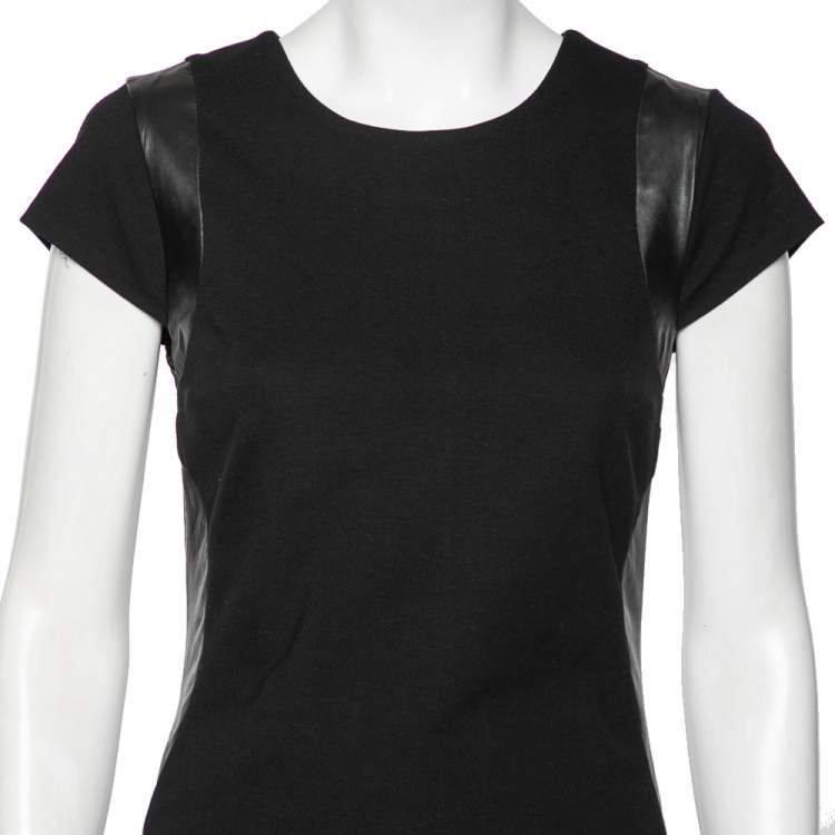 Pre Owned Diane von Furstenberg Black Knit Pele Leather Short Sleeve Dress M 