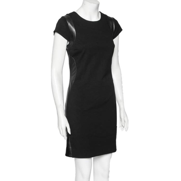 Pre Owned Diane von Furstenberg Black Knit Pele Leather Short Sleeve Dress M 