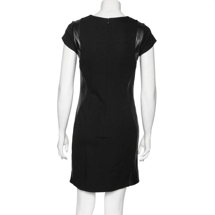 Pre Owned Diane von Furstenberg Black Knit Pele Leather Short Sleeve Dress M 