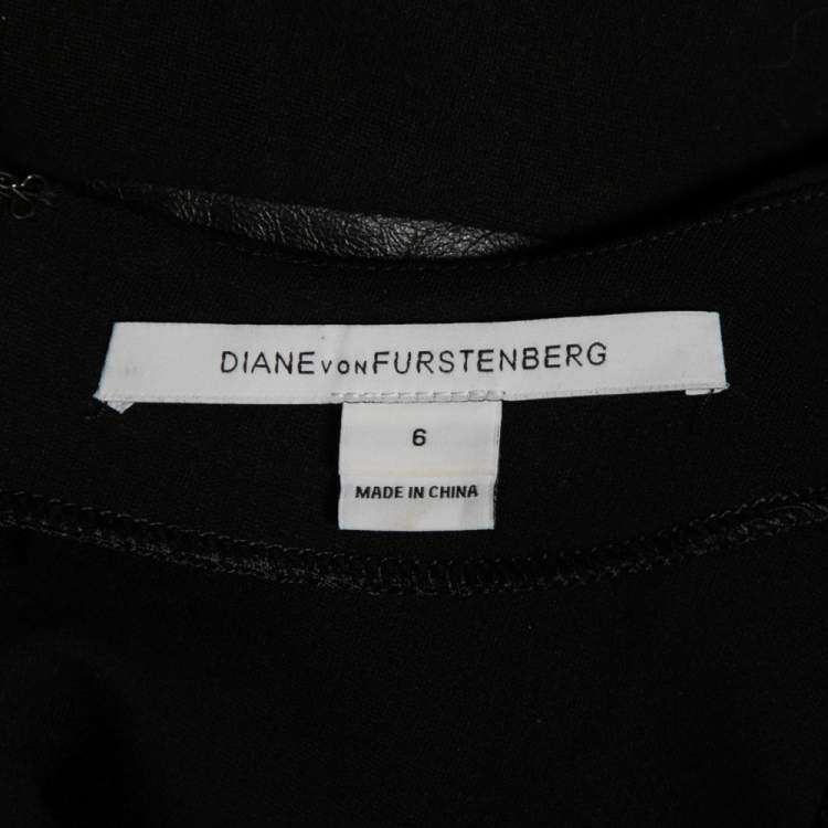 Pre Owned Diane von Furstenberg Black Knit Pele Leather Short Sleeve Dress M 