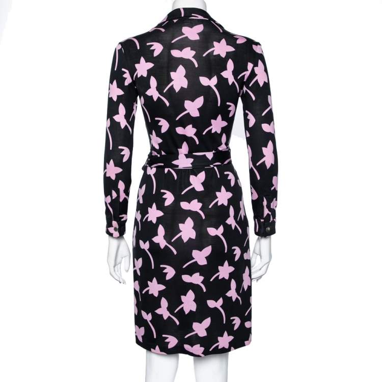 Pre Owned Diane von Furstenberg Black & Purple Printed Silk Jersey New Jeanne Wrap Dress S