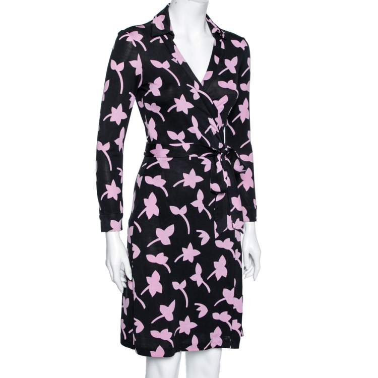Pre Owned Diane von Furstenberg Black & Purple Printed Silk Jersey New Jeanne Wrap Dress S
