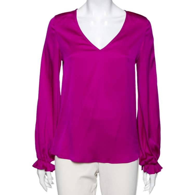 Pre Owned Diane von Furstenberg Purple Silk Long Sleeve Blouse M
