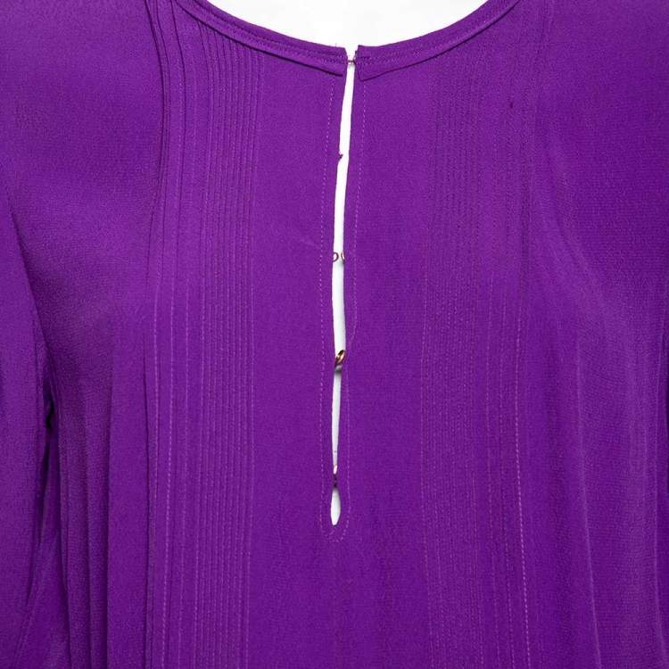 Pre Owned Diane Von Furstenberg Purple Crepe Pleat Front Sliced Dress M