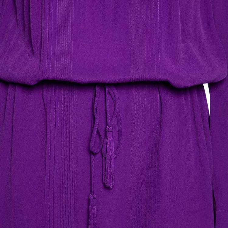 Pre Owned Diane Von Furstenberg Purple Crepe Pleat Front Sliced Dress M