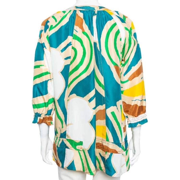 Pre Owned Diane von Furstenberg Multicolored Printed Silk Drawstring Detail Hori Blouse M