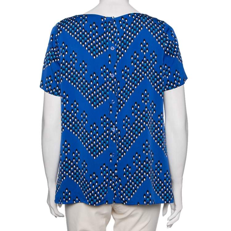 Pre Owned Diane von Furstenberg Blue Silk Maggy Chevron Dots Printed Top M