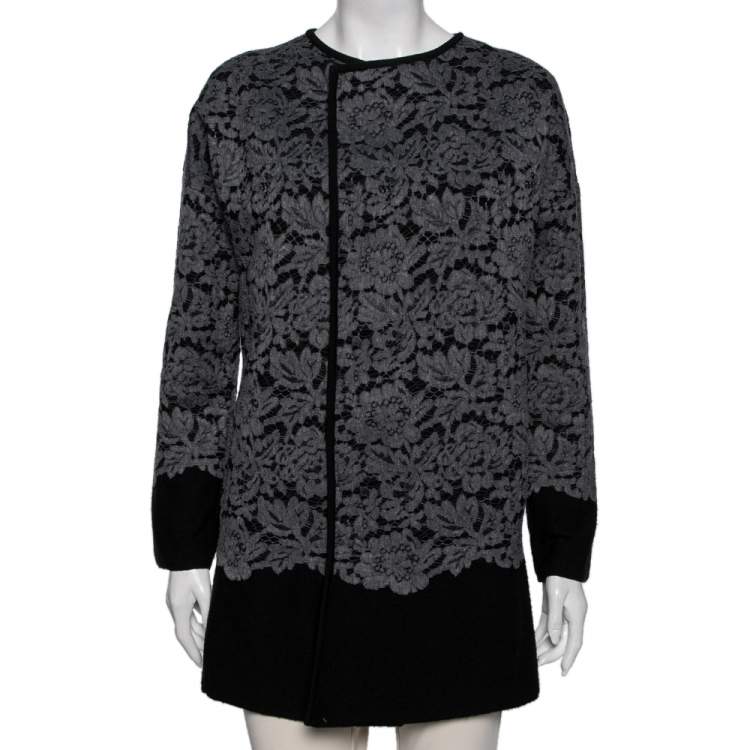 Pre Owned Diane von Furstenberg Grey Wool & Lace Open Front Long Cardigan S