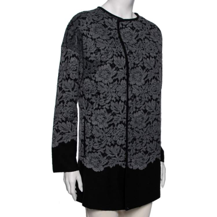 Pre Owned Diane von Furstenberg Grey Wool & Lace Open Front Long Cardigan S
