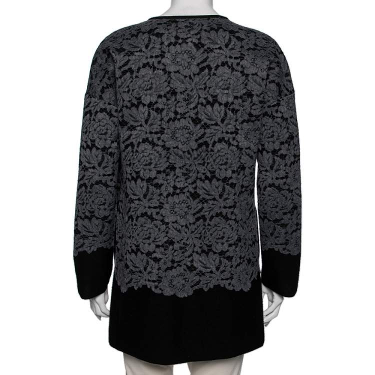 Pre Owned Diane von Furstenberg Grey Wool & Lace Open Front Long Cardigan S