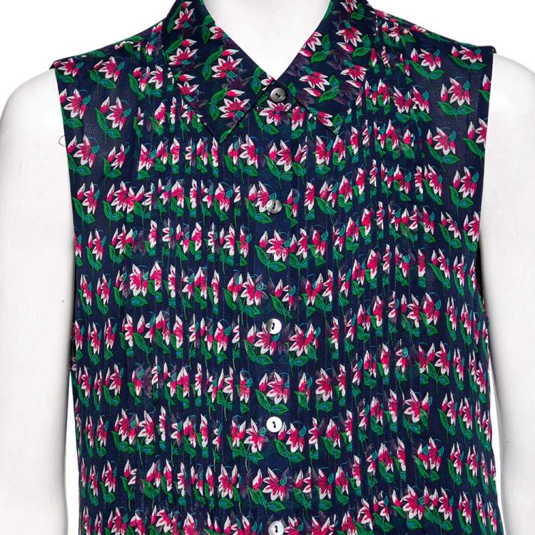 Pre Owned Diane von Furstenberg Blue Floral Printed Pleated Front Sleeveless Top L