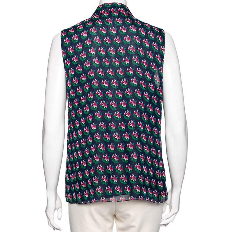 Pre Owned Diane von Furstenberg Blue Floral Printed Pleated Front Sleeveless Top L