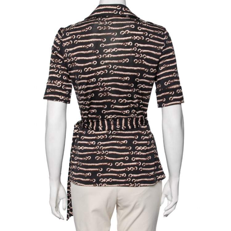 Pre Owned Diane von Furstenberg Dark Grey Printed Silk Vintage Jilliana Wrap Top M