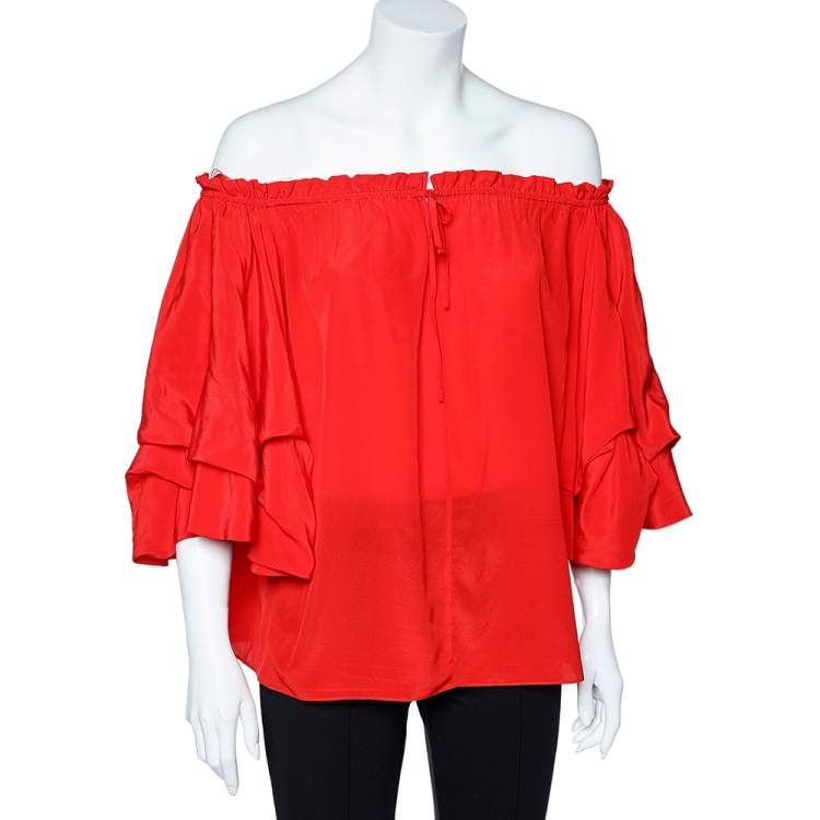 Pre Owned Diane von Furstenberg Red Silk Off Shoulder Ruffled Top S