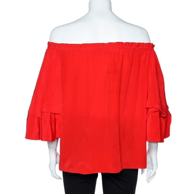 Pre Owned Diane von Furstenberg Red Silk Off Shoulder Ruffled Top S