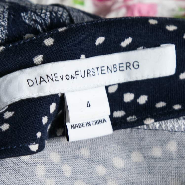 Pre Owned Diane von Furstenberg Blue & White Printed Cotton Jewel Wrap Dress S