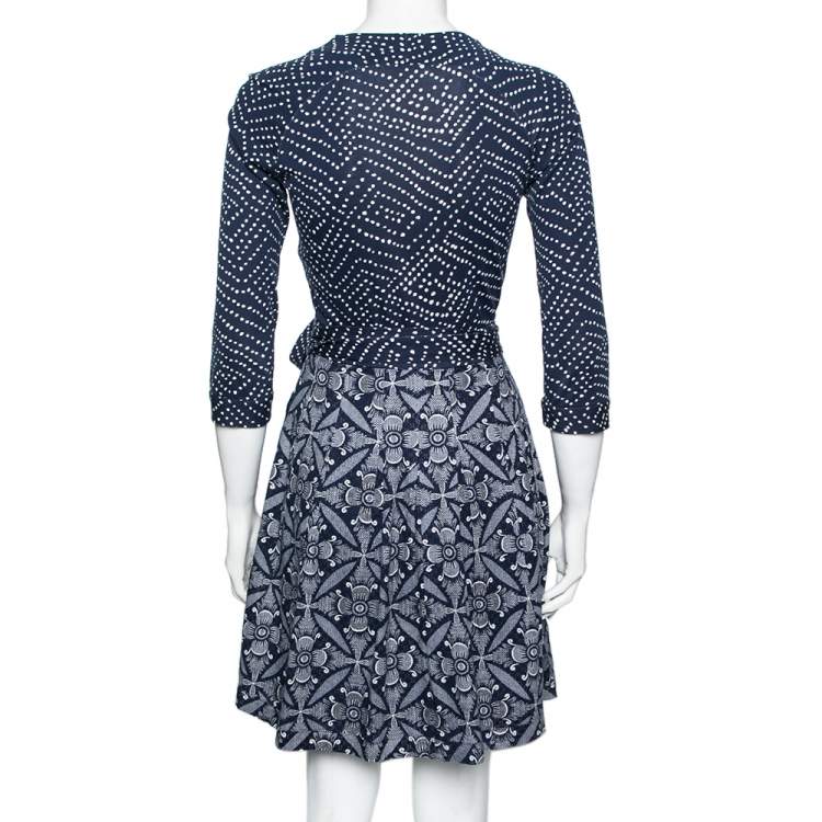 Pre Owned Diane von Furstenberg Blue & White Printed Cotton Jewel Wrap Dress S