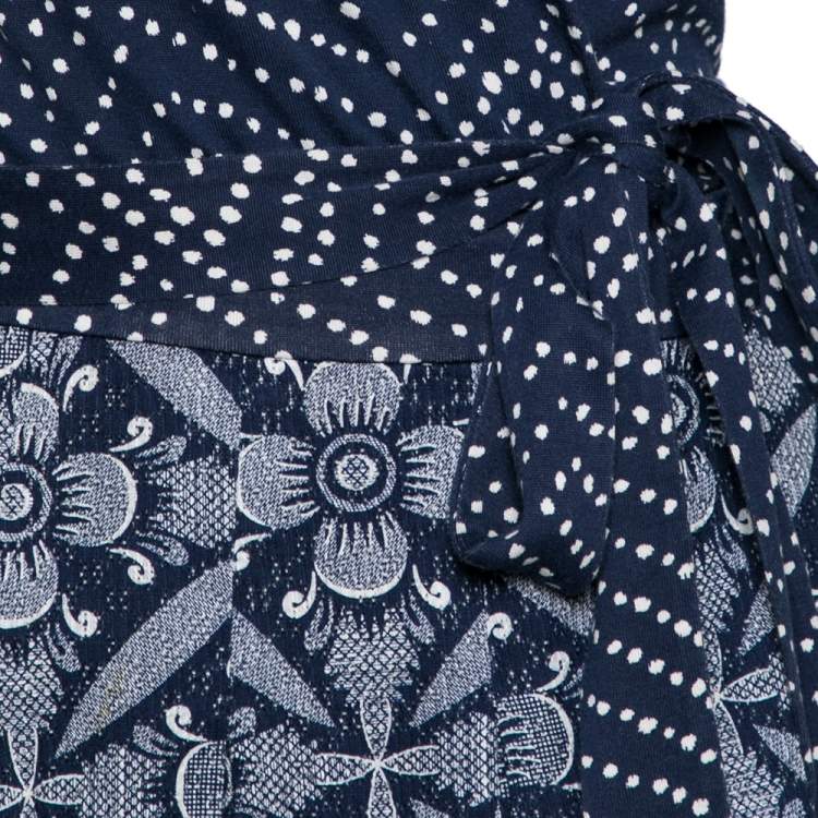 Pre Owned Diane von Furstenberg Blue & White Printed Cotton Jewel Wrap Dress S