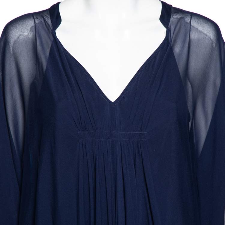 Pre Owned Diane Von Furstenberg Navy Blue Front Pleated Dolman Sleeves Mini Dress S
