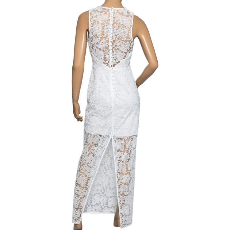 Pre Owned Diane von Furstenberg White Mesh Paneled Overlay Gown Back Slit Dress S