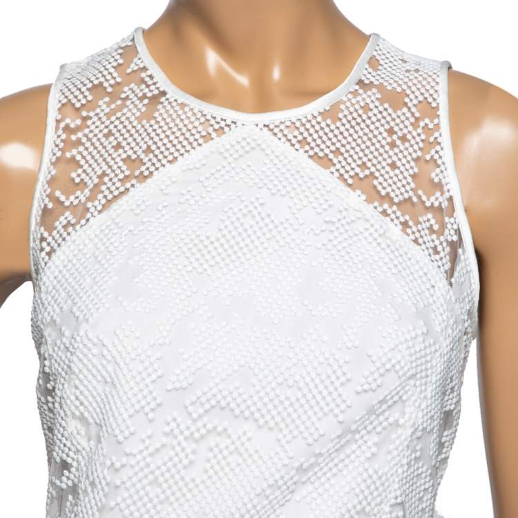 Pre Owned Diane von Furstenberg White Mesh Paneled Overlay Gown Back Slit Dress S