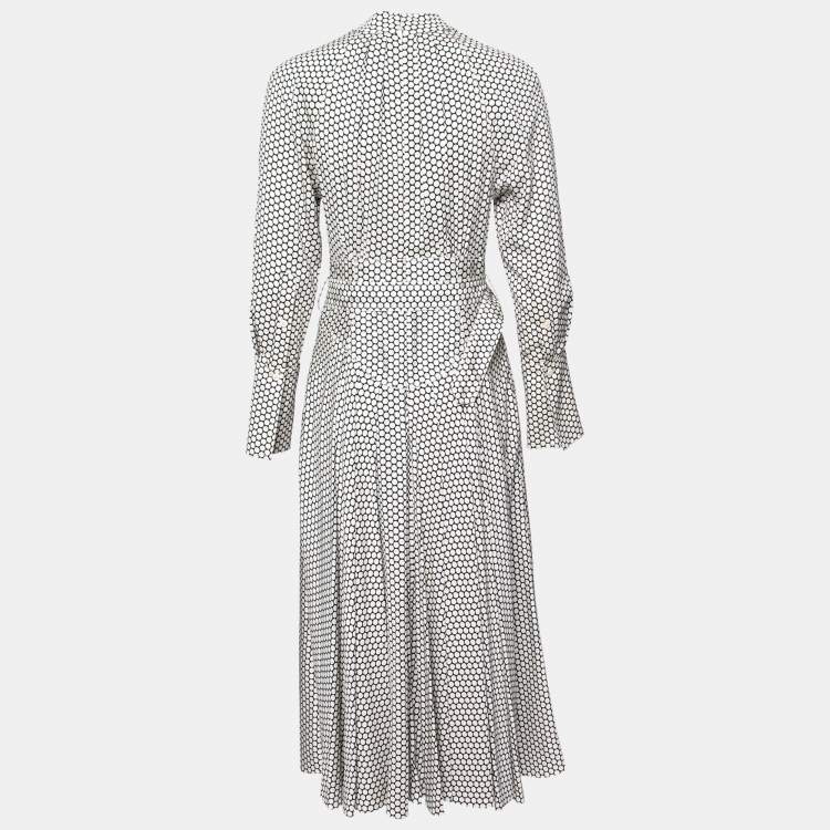 Pre Owned Diane von Furstenberg White Polka Dotted Silk Pleated Belted Dress M
