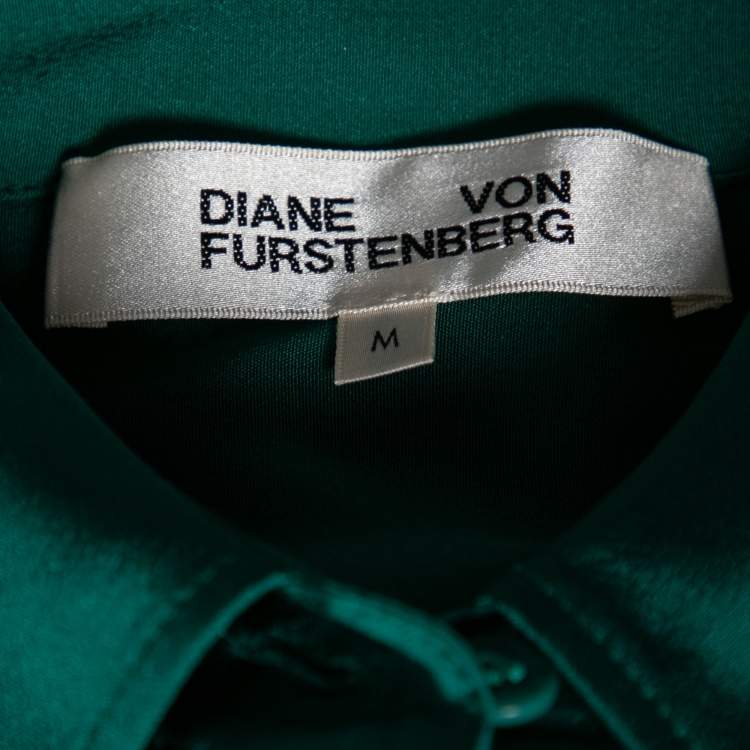 Pre Owned Diane von Furstenberg Green Silk Side Slit Detailed Button Front Belted Dress M