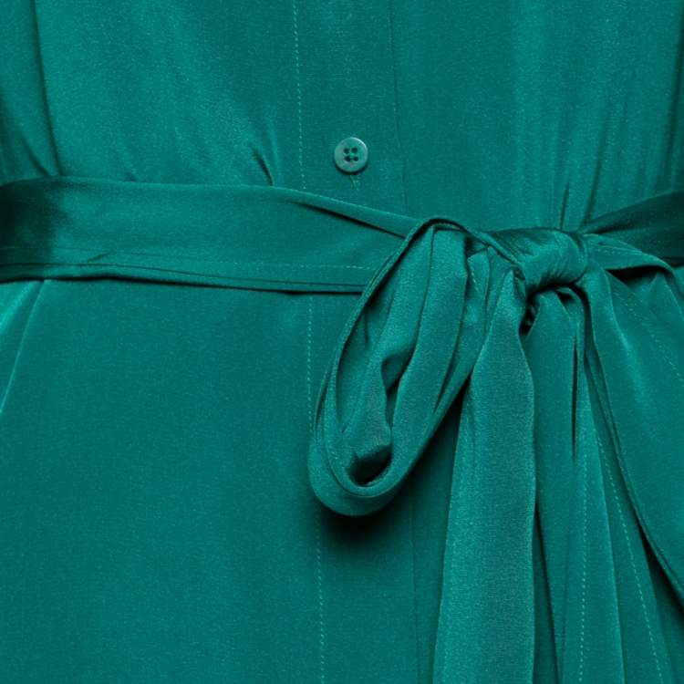 Pre Owned Diane von Furstenberg Green Silk Side Slit Detailed Button Front Belted Dress M